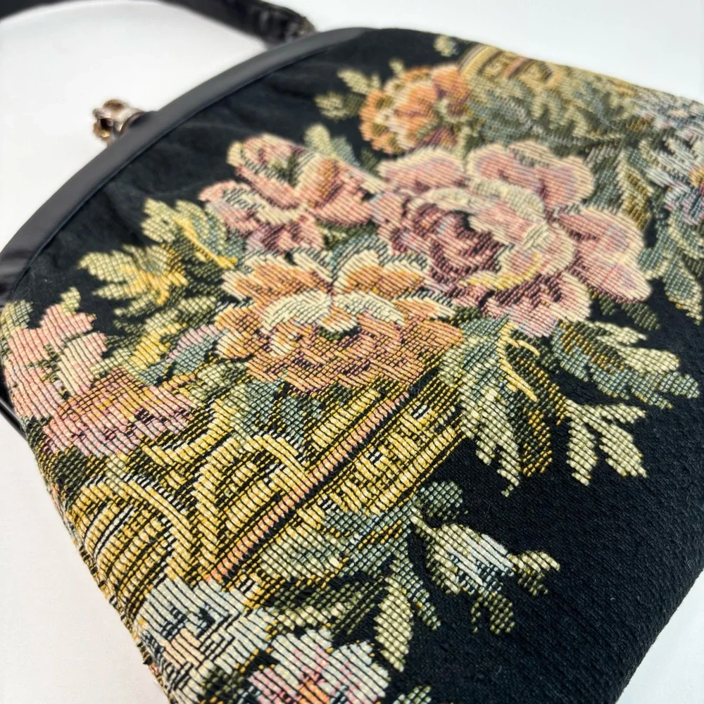 Vintage 1950’s Harry Levine Jewel Kiss Clasp Floral Tapestry Purse Leather Strap